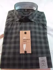 NWT VAN HEUSEN WRINKLE FREE Lng Slv DRESS SHIRT, Slim Fit, Dk. Green & Black Pld