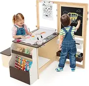 HONEY JOY Easel for Kids, Wooden Art Easel with Double-Sided Blackboard & Whiteboard, Paper Roll for Drawing, Crafts, Writing, Toddler Activity Table with Storage, Kids Table and Chair Set (Brown)