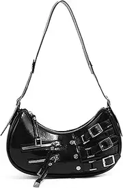[COOLOYA] Women's Glossy Multi Buckle Retro Hobo Bags PU Leather Underarm Purses Zipper Clutch Shoulder Strap Y2K Tote Handbags