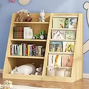 EXPERLAM Kid Bookshelf and Toy Storage Organizer, 4 Tier Wooden Kids Book Shelf with Sling Book Rack in Kids Room Playroom Nursery for Kids, Children, Toddlers