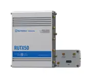Teltonika Industrial 5G Router, 5G dual SIM cellular, 5 Gigabit Ethernet ports, dual-band WI-Fi, comes with the RutOS operating system, PSU included