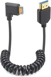 8K Mini HDMI to HDMI Coiled Cable, 48Gbps Ultra Thin Right Angled Mini HDMI Male to HDMI Male Cable for Projector, Monitor, Camcorder 4FT/1.2M