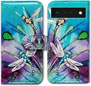 Pixel 6 Pro Case,Bcov Cute Dragonfly Leather Flip Phone Case Wallet Cover with Card Slot Holder Kickstand for Google Pixel 6 Pro