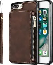 NUOUN Wallet Case for iPhone 6/7/8 Plus,(RFID Blocking), Soft TPU Leather Zipper Pocket Case Cover with Kickstand Function and Card Slots for iPhone 5.5“Brown