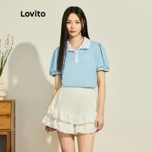 Lovito 女款可愛素色拼色羈扣 T恤 L73AD012