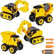 Relaxdays Construction Site Vehicles Children, Excavator Toy Set of 4, Screwdriver with 3 Attachments, from 3 Years, Yellow