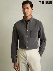 Reiss Washed Black Kittle Denim Piqué Button-Through Shirt (AY2690) | $245