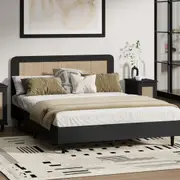 1x Oikiture Bed Frame Queen Double King Single Size Beds Real Rattan Headboard Black