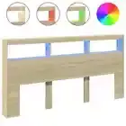 LED Lights Headboard Wooden Storage Shelf Cabinet Bed Frame Head Oak King 200cm