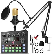 Podcast Equipment Bundle, Audio Interface DJ Mixer with Studio Broadcast Microphone, Podcast Microphone Bundle-Perfect for Live Streaming,Recording,Gaming,Singing