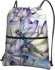 EdWal Dragonfly On Lotus Flower Print Drawstring Backpack Gym Bags Sports Bags With Zipper Pocket For Travel Beach, Black, One Size