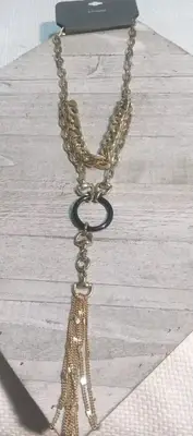 Express Signed Long Gold Tone Multilayer Chain Enamel Ring Tassel NWT