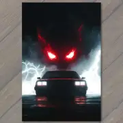 FLATCARD Dark Supernatural Car Red Eyes Fiery Storm LightningShadowed Figure