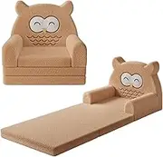 Tivellary Diary Kids Couch, 2-in-1 Soft Toddler Couch Fold Out, Toddler Chair Comfy, Convertible Sofa to Lounger with Cute Owl Design, Yellow