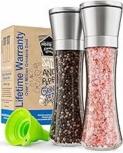 Premium Stainless Steel Salt and Pepper Grinder Set of 2 - Adjustable Ceramic Sea Salt Grinder & Pepper Grinder - Tall Glass Salt and Pepper Shakers - Pepper Mill & Salt Mill with Free Funnel & EBook
