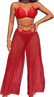 [ChiaoLezhee] 3 Piece Bikini Sets with Mesh Cover Up Pants, Halter Cheeky Thong Swimsuits, Sexy Bathing Suits for Women