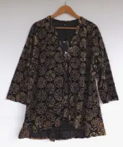 Taking Shape Cardigan 18 Womens Sheer Velour Floral TS Gold Black Ruffle Button