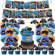Monster Truck Theme Party Decorating Set - Birthday Banner Latex Balloons Birthday Cake Cupcake Toppers - Kids Birthday Party Decorations
