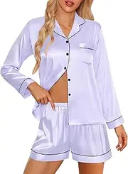 [SWOMOG] Womens Silk Satin Pajamas Set Long Sleeve Loungewear Two-piece Sleepwear Button-Down Pj Set