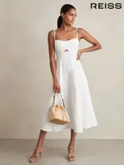 Reiss White Annie Denim Fit and Flare Midi Dress (E52508) | $480