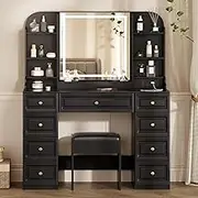 YYJ 42" Makeup Vanity Desk with Mirror and Lights, & Power Outl,Glass Top Big Vanity Table with 9 Drawers& 8 Storage Shelves,Dressing Table Set with Chair for Bedroom,Black...
