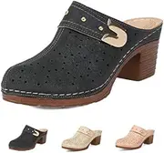 [WENOREG] Women’s Hollow Closed Toe Chunky Heels Mules,Summer Retro Flower Pattern Slip On Slides Loafer Shoes,Metal Decoration Casual Breathable Backless Mules Sandals