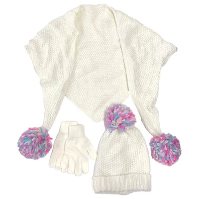 Capelli Girls White Sparkle Triangle Scarf Beanie Hat & Gloves Set