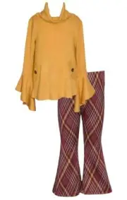 NEW Bonnie Jean Girls Size 12 "MUSTARD & PLUM PLAID" Sweater Flared Leg Pant Set