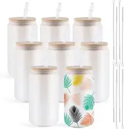 Sublimation Clear Glass/Frosted Blanks with Bamboo Lid - 16oz 8 Pack, Frosted Glass