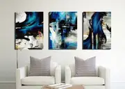 Set Of 3 Abstract Blue Stretched Canvas Prints