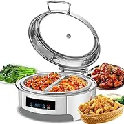Commercial Buffet Food Warmer, Stainless Steel Electric Plate Warmer with Lids, 45-90℃ Temperature, Easy to Clean, Buffet Server Food Warmer for Party, 15.3x2.5IN Double