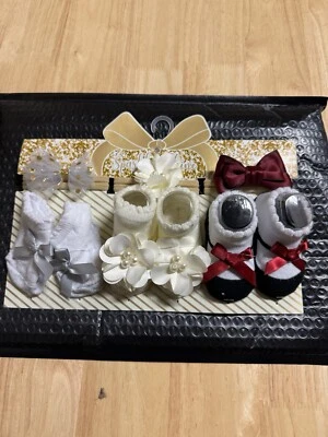 Sparkle & Shine Baby Girl Booties/Socks And Headband Sets White/Gold Infant