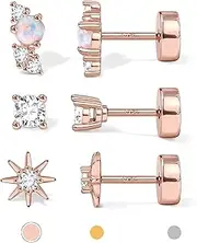 [GEMQUEEN] Hypoallergenic Flat Back Earrings for Women | 14K Gold Plated Sterling Silver Post Stud | Cartilage Helix Conch Tragus Piercing Jewelry 3 Pairs Tiny Screw Dainty CZ Opal Earring Set Men