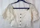 New ZARA L Ruffle Eyelet Embroider Top Ruffle Flutter Short Sleeve Ivory F