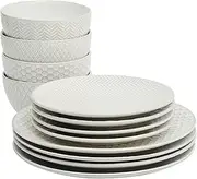 [Gibson Elite] Oyster Tide Embossed 12 Piece (Service for 4) Plates and Bowls Reactive Glaze Round Dishes Stoneware Ceramic Dinnerware Set, White
