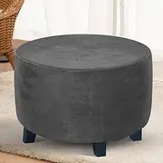 Round Ottoman Cover Silver Fox Velvet Soft Plush Round Footstool Cover Machine Washable Footstool Cover High Stretchy Anti-Slip Ottoman Cover Ottoman Furniture Protectors (Gray)