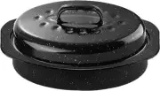 13-Inch Enamel on Steel Roasting Pan with Lid - Black Oval Covered Roaster Pan