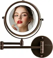 OVENTE 6.8" Lighted Wall Mount Makeup Mirror, 1X & 10X Magnifier, Adjustable Double Sided Round LED, Extend, Retractable & Folding Arm, Compact & Cordless, Battery Powered Antique Bronze MFW70ABZ1X10X