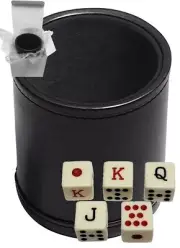 16mm Spanish Poker Dice Ivory Tone + PU Leather Black Felt Lined Dice Cup Boxed
