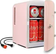 Koolatron Retro 4L 6 Can Portable Mini Fridge, Compact Car Refrigerator, Skincare Cosmetic Beauty Makeup Personal Cooler 12V and AC Cords Desktop Accessory for Bedroom Home Office Travel (Pink)