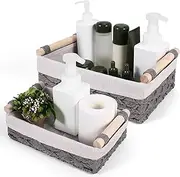 Synpinya 2Pcs Woven Rope Storage Basket, Shelf Baskets with Wooden Handles, Bathroom Decor Hamper Baskets, Living Room Basket for Toy, Blanket, Books