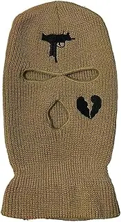 [KiRYu] 1pc Knitted Full Face Mask with 3 Holes, Funny Embroidery 3- Hole Hat, Winter Warm Unisex Adult Cap for Outdoor Sports Camel