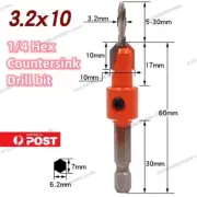 2 x 1/4 Hex Countersink Drill Bit 3.2mm x 10g Screw Hex Shank Cabinet predrill