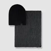 $54 Kenneth Cole Reaction Mens Black Gray Wrap Herringbone Scarf & Beanie Set OS
