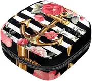 Period Bag,Sanitary Napkin Storage Bag,Anchor Flower Black and White Stripes,Tampon Bag for Purse