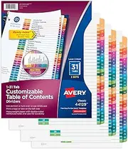 Avery 1-31 Tab Dividers for 3 Ring Binders, Customizable Table of Contents, Multicolor Tabs, 3 Sets (44129)