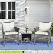 ALFORDSON Outdoor Patio Furniture 3pcs Conversation Set with Back Pillows, Wicker 3 Pieces Lounge Chair & Glass Coffee Table Setting, Steel Frame Garden Rattan Sofa with Seat Cushions, Light Grey
