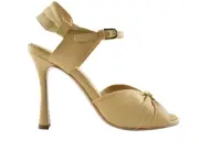 Chanel 20P Beige Lambskin Leather CC Pearl Ankle Strap Sandals Heel Pump 37.5c