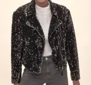 NWT ANTHROPOLOGIE MAEVE MALIA SEQUIN ZIP MOTO MOTORCYCLE JACKET COAT BLACK XS