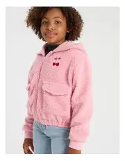 [Tilii] Cropped Sherpa Zip Thru Sweat Top in Pink